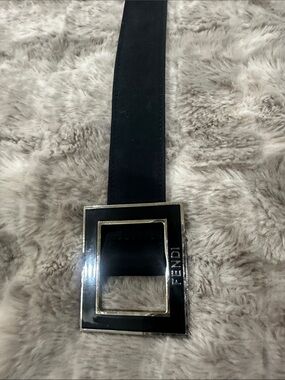 FENDI Black Leather Belt with FENDI Square Logo Buckle W/silver accent